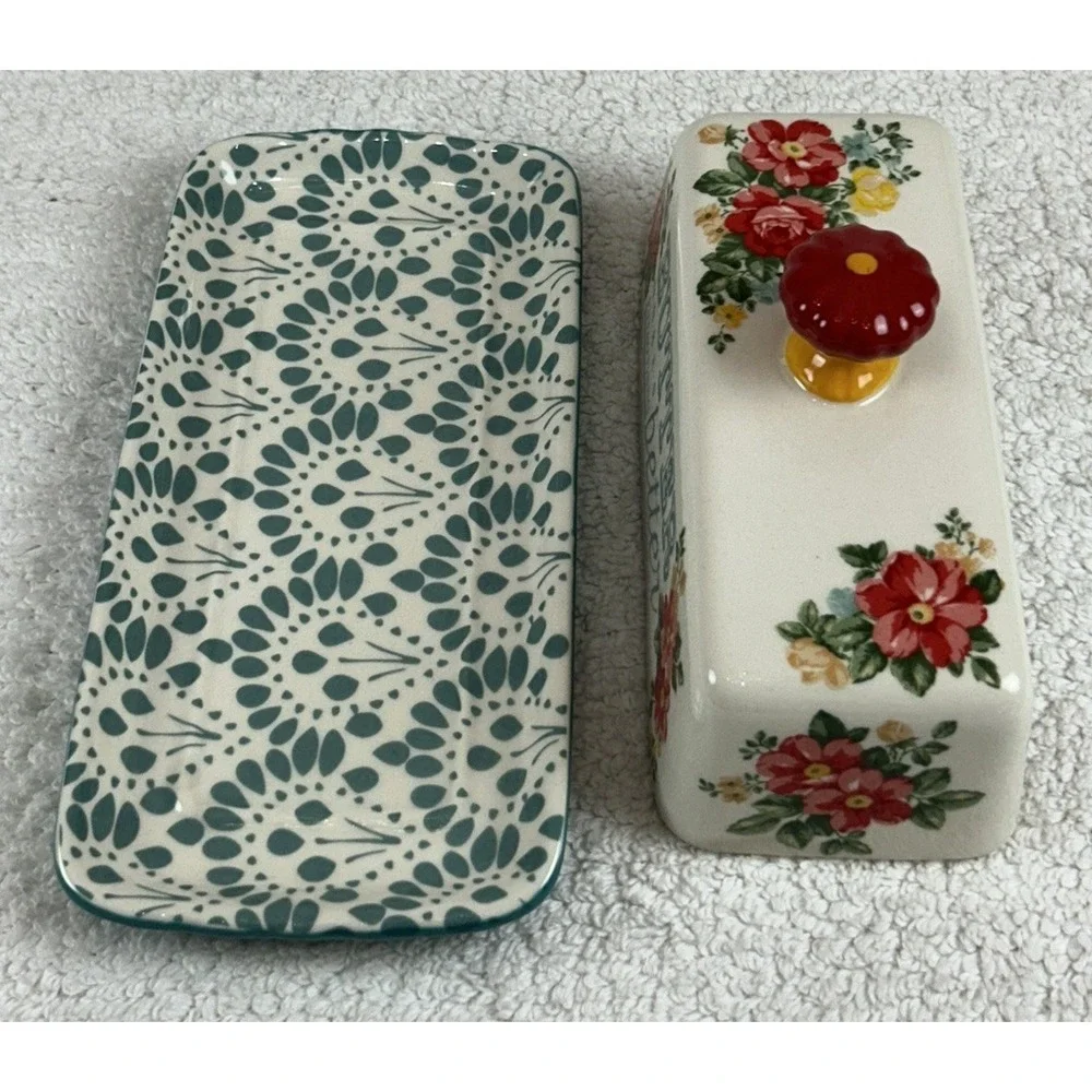 Pioneer Woman Single Stick Butter Dish Vintage Floral Stoneware Teal Red Ivory